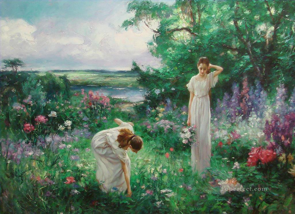 dos niñas recogiendo flores en el jardín Pintura al óleo